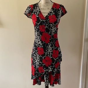 Beautiful black, red & white faux wrap style dress